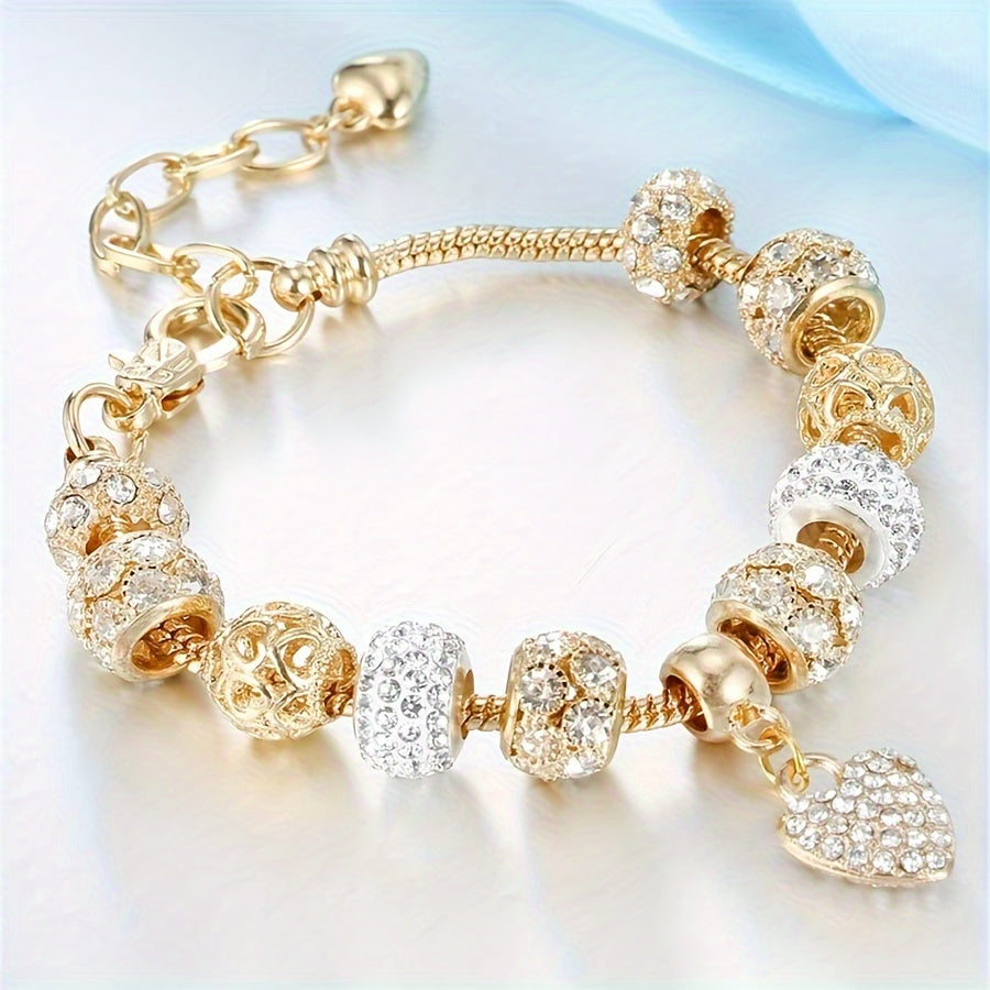 Elegant 14K Golden Plated Copper Bracelet with Glass Beads and Heart Charm for Women - Party and Vacation Accessory